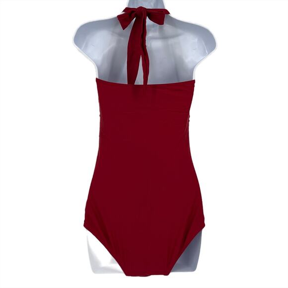 Halter Neck Swimsuit Color Block Red and Burgundy Size Medium - Picture 2 of 5